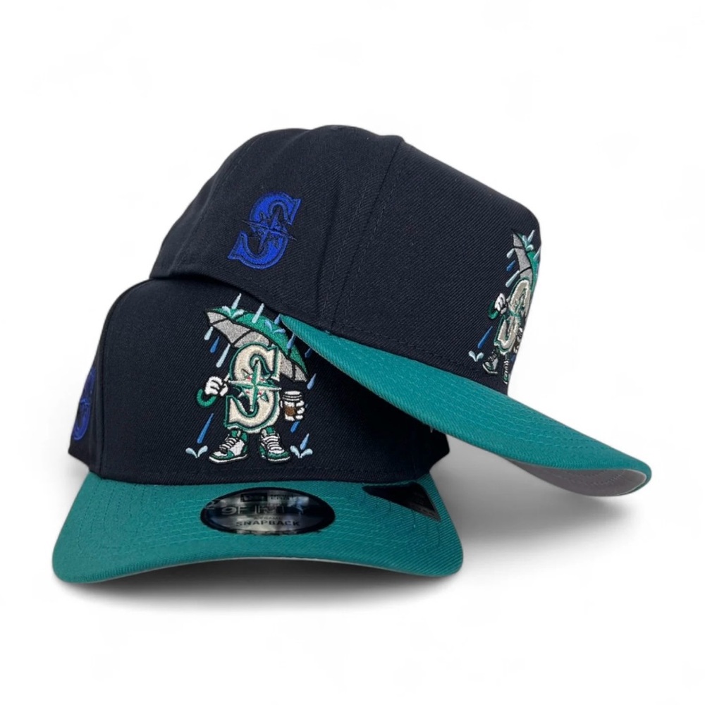 Navy Blue Seattle Mariners Teal Curved Cartoon New Era 9Fifty A- Frame Snapback - Picture 5 of 5